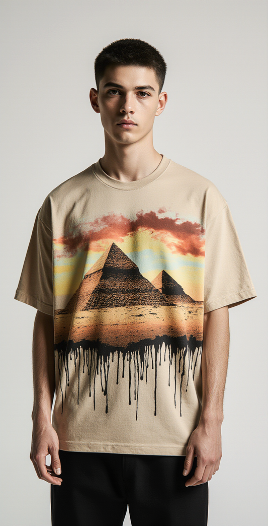 Oversized Ancient Energy T-Shirt – Egyptian Pyramid Graphic Tee | Beige Streetwear Unisex Shirt