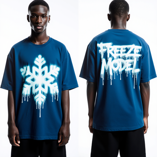 Freeze Model Oversized T-Shirt – Urban Blue Snowflake Graphic Tee | Winter Streetwear Fashion