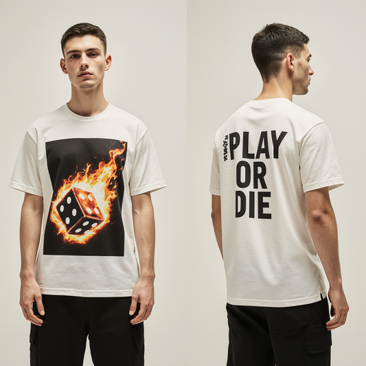 Oversized Streetwear T-Shirt – Play or Die Dice Graphic | Flame Casino Urban Tee