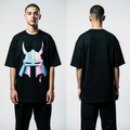 Studio fashion photography, male fashion model, oversized grey t-shirt, side-by-side view front and back. Front: glowing cybernetic eye dripping neon liquid. Back: graffiti text 