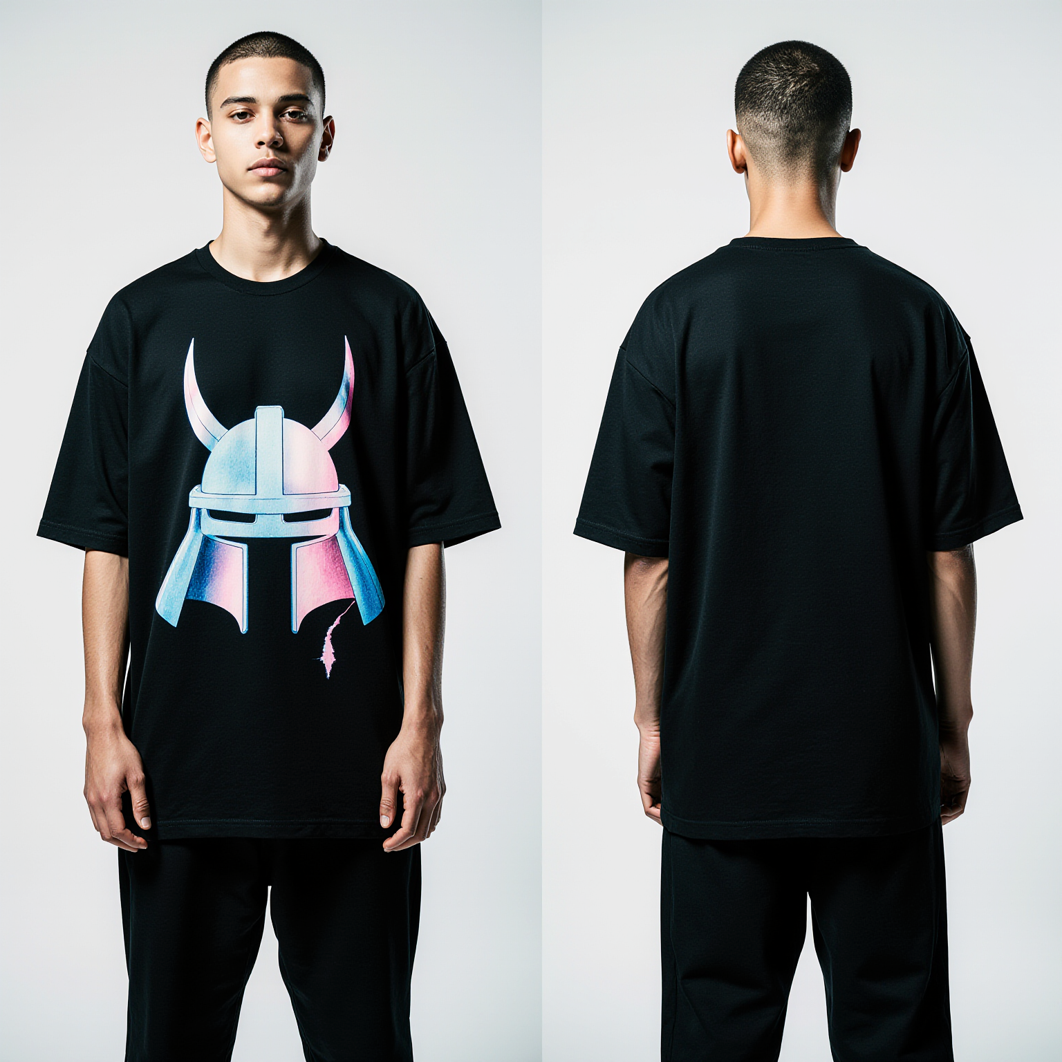 Studio fashion photography, male fashion model, oversized grey t-shirt, side-by-side view front and back. Front: glowing cybernetic eye dripping neon liquid. Back: graffiti text "NEON VISION" in fluorescent spray paint.