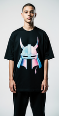 Studio fashion photography, male fashion model, oversized grey t-shirt, side-by-side view front and back. Front: glowing cybernetic eye dripping neon liquid. Back: graffiti text 