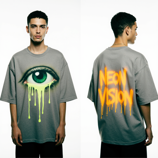 Oversized Neon Vision T-Shirt – Grey Streetwear Tee with Dripping Eye Graphic
