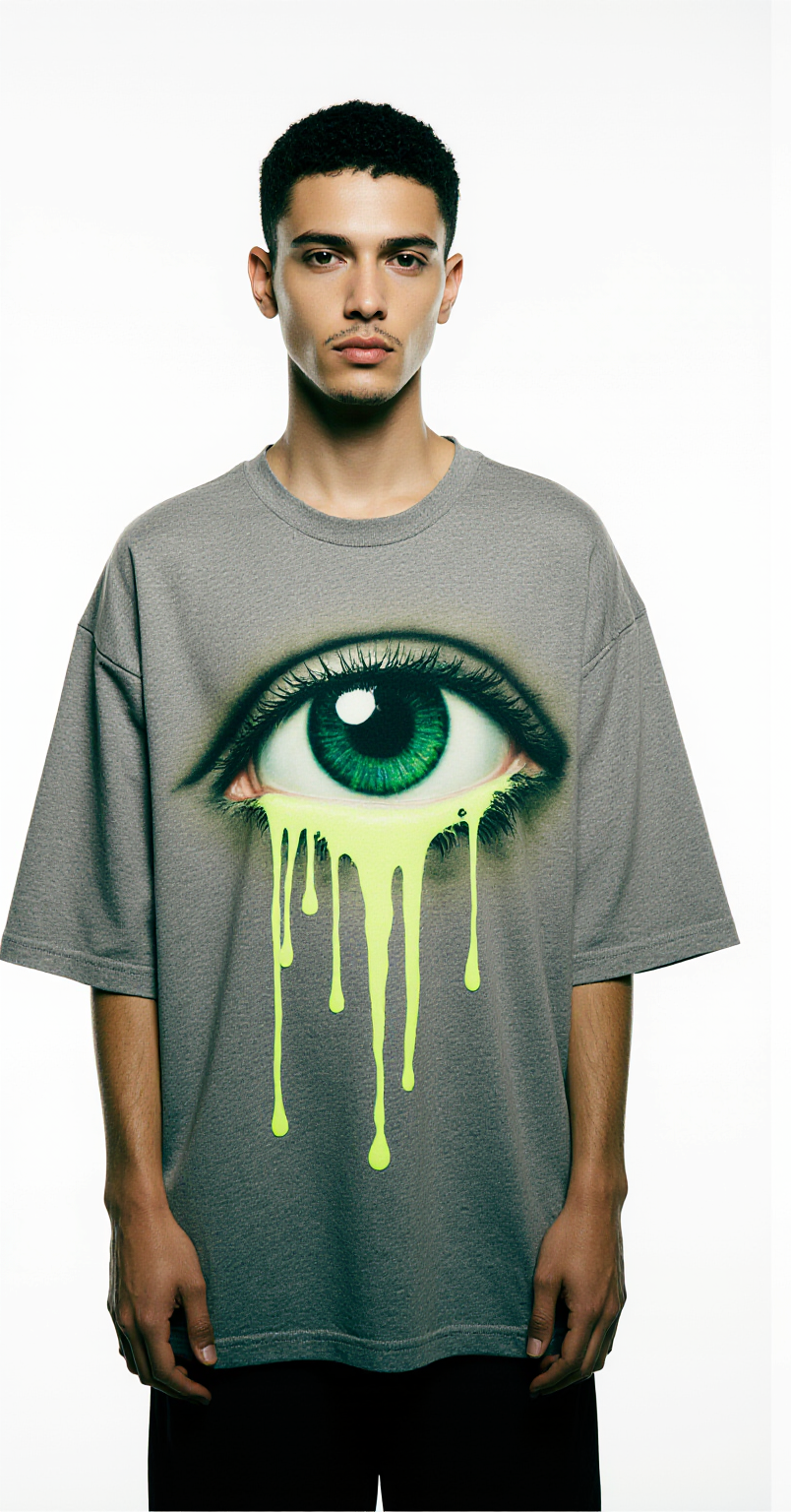Oversized Neon Vision T-Shirt – Grey Streetwear Tee with Dripping Eye Graphic
