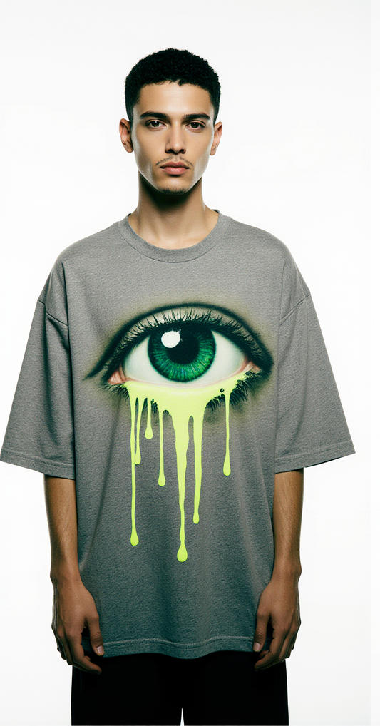 Oversized Neon Vision T-Shirt – Grey Streetwear Tee with Dripping Eye Graphic