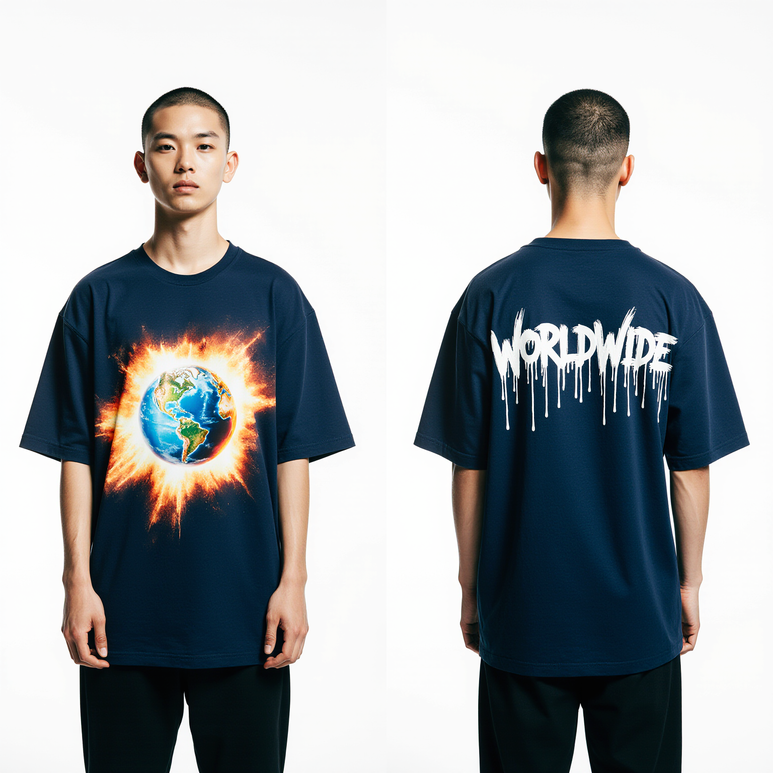 Oversized Worldwide T-Shirt – Exploding Earth Graphic Navy Streetwear Tee
