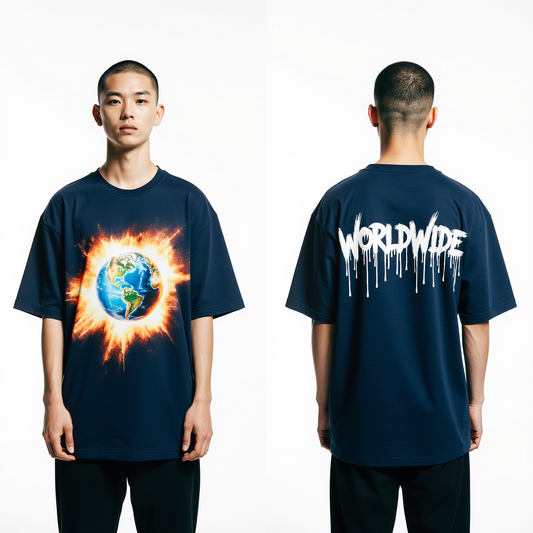 Oversized Worldwide T-Shirt – Exploding Earth Graphic Navy Streetwear Tee