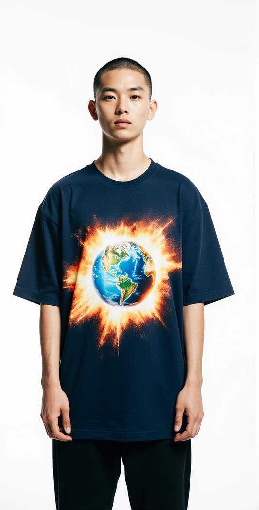 Oversized Worldwide T-Shirt – Exploding Earth Graphic Navy Streetwear Tee