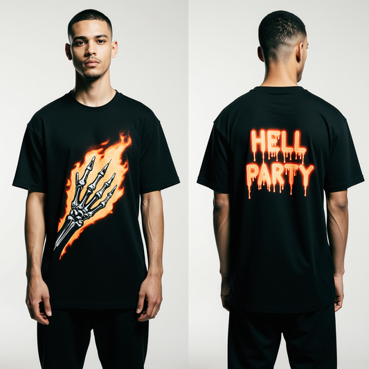 Hell Party Oversized T-Shirt | Skeleton Flame Graphic Tee for Men & Women | Gothic Halloween Streetwear