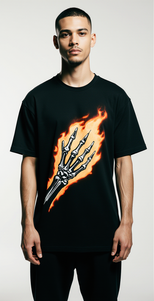 Hell Party Oversized T-Shirt | Skeleton Flame Graphic Tee for Men & Women | Gothic Halloween Streetwear