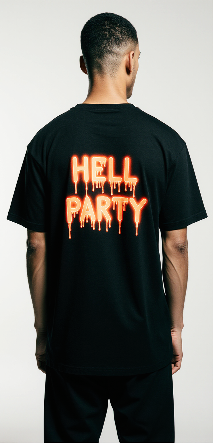 Hell Party Oversized T-Shirt | Skeleton Flame Graphic Tee for Men & Women | Gothic Halloween Streetwear