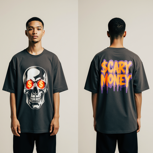 Scary Money Oversized T-Shirt | Skull Dollar Eyes Graphic Tee for Men & Women | Gothic Halloween Streetwear