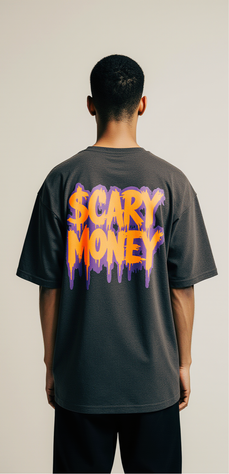 Scary Money Oversized T-Shirt | Skull Dollar Eyes Graphic Tee for Men & Women | Gothic Halloween Streetwear