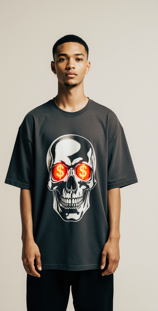 Scary Money Oversized T-Shirt | Skull Dollar Eyes Graphic Tee for Men & Women | Gothic Halloween Streetwear