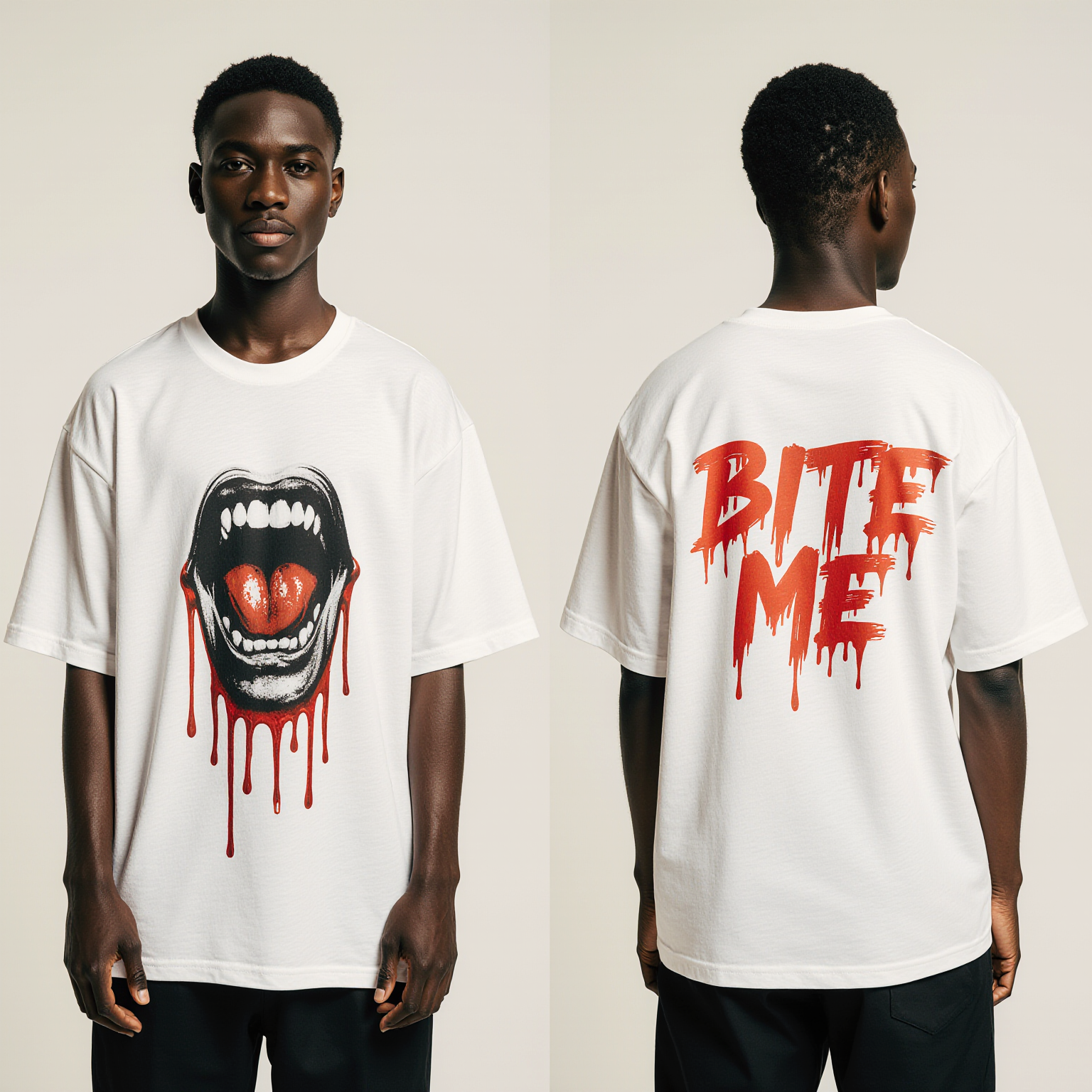 Bite Me Oversized T-Shirt | Vampire Mouth Graphic Tee for Men & Women | Gothic Halloween Streetwear Fashion