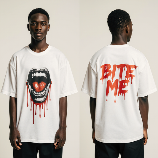 Bite Me Oversized T-Shirt | Vampire Mouth Graphic Tee for Men & Women | Gothic Halloween Streetwear Fashion