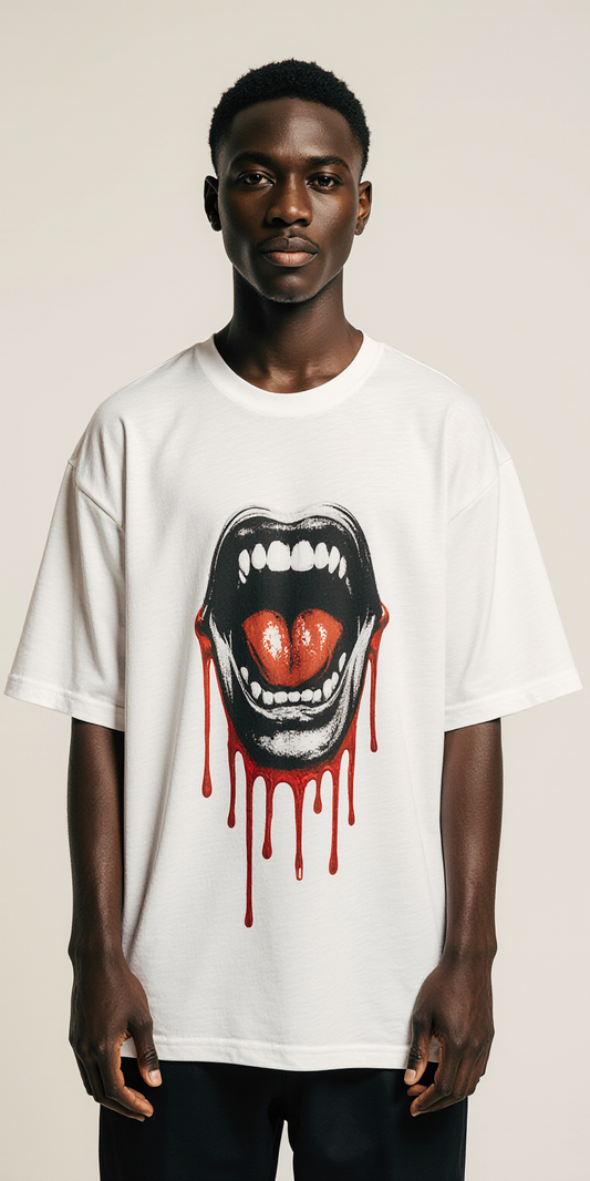 Bite Me Oversized T-Shirt | Vampire Mouth Graphic Tee for Men & Women | Gothic Halloween Streetwear Fashion