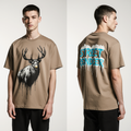 Street Reindeer T-Shirt – Oversized Brown Graphic Christmas Reindeer Tee | Urban Streetwear Holiday Shirt