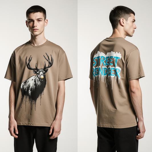 Street Reindeer T-Shirt – Oversized Brown Graphic Christmas Reindeer Tee | Urban Streetwear Holiday Shirt