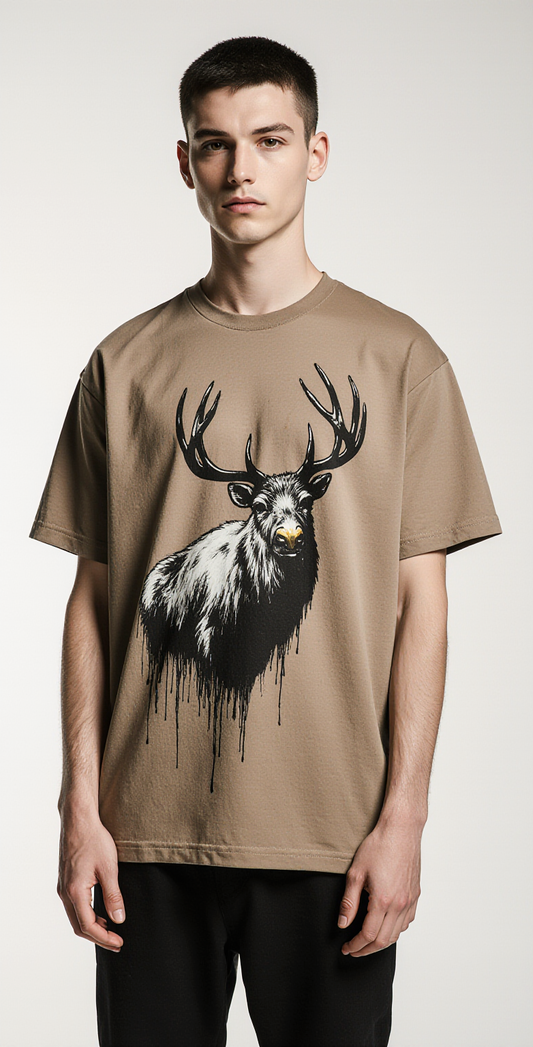 Street Reindeer T-Shirt – Oversized Brown Graphic Christmas Reindeer Tee | Urban Streetwear Holiday Shirt