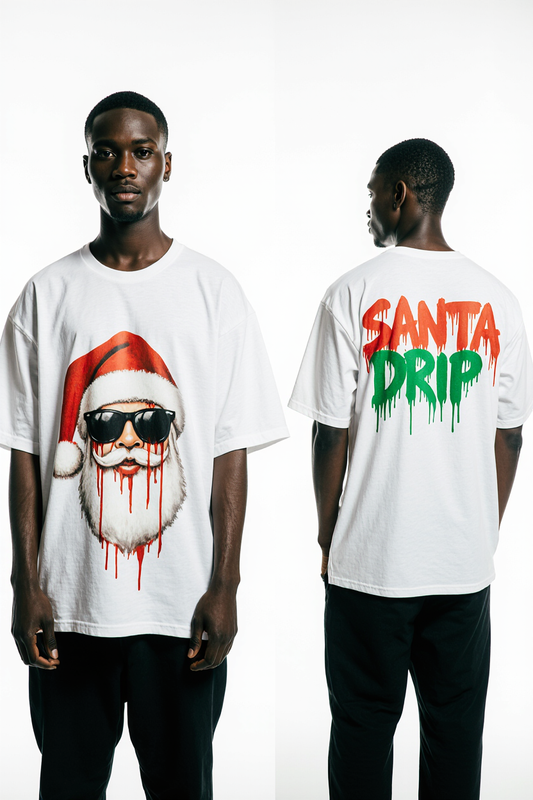Santa Drip T-Shirt – Oversized White Christmas Streetwear Tee | Urban Holiday Graphic Shirt