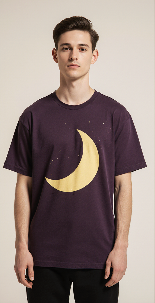 Men’s Oversized Dark Purple T-Shirt – “DARK ENERGY” Moon Graphic Luxury Streetwear Tee