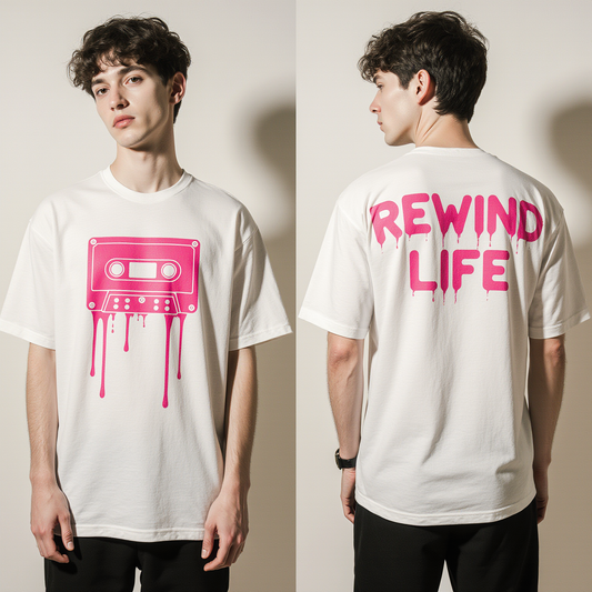 Oversized Streetwear T-Shirt – Retro Cassette Graphic “Rewind Life” | Vintage 90s Hip-Hop Tee
