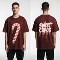 Oversized Christmas T-Shirt – Sweet Chaos Candy Cane Streetwear Tee | Dark Red Holiday Graphic Shirt