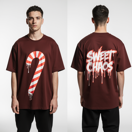 Oversized Christmas T-Shirt – Sweet Chaos Candy Cane Streetwear Tee | Dark Red Holiday Graphic Shirt