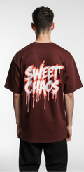 Oversized Christmas T-Shirt – Sweet Chaos Candy Cane Streetwear Tee | Dark Red Holiday Graphic Shirt