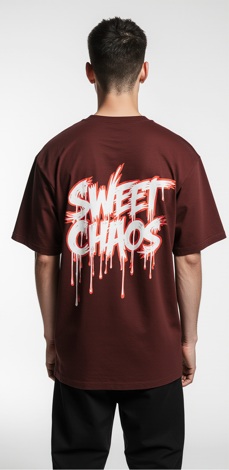 Oversized Christmas T-Shirt – Sweet Chaos Candy Cane Streetwear Tee | Dark Red Holiday Graphic Shirt
