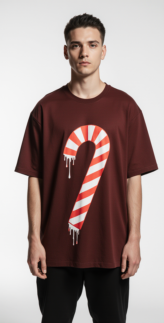 Oversized Christmas T-Shirt – Sweet Chaos Candy Cane Streetwear Tee | Dark Red Holiday Graphic Shirt