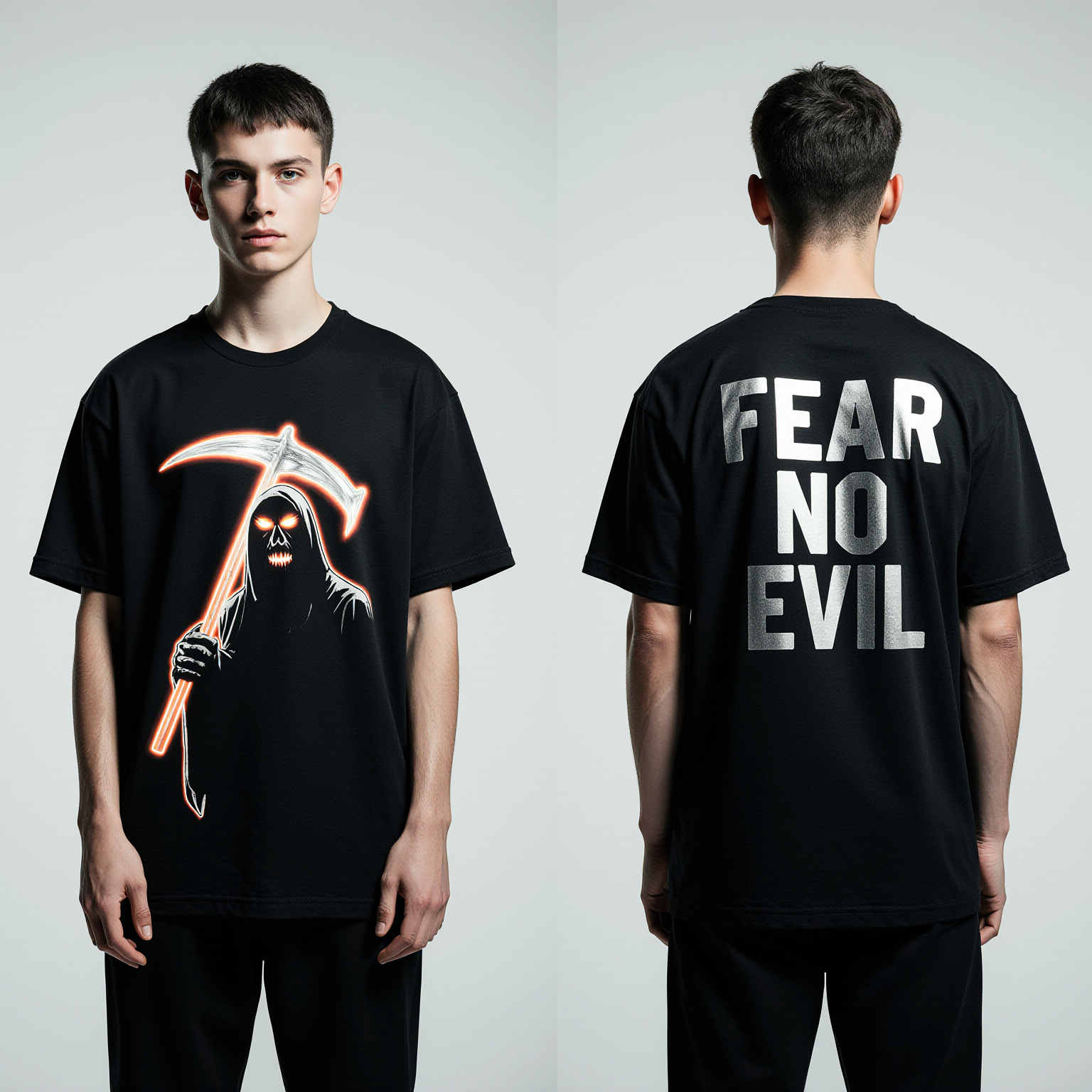 Fear No Evil Oversized T-Shirt | Grim Reaper Graphic Tee for Men & Women | Gothic Streetwear Fashion Black Tee