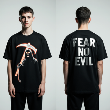 Fear No Evil Oversized T-Shirt | Grim Reaper Graphic Tee for Men & Women | Gothic Streetwear Fashion Black Tee
