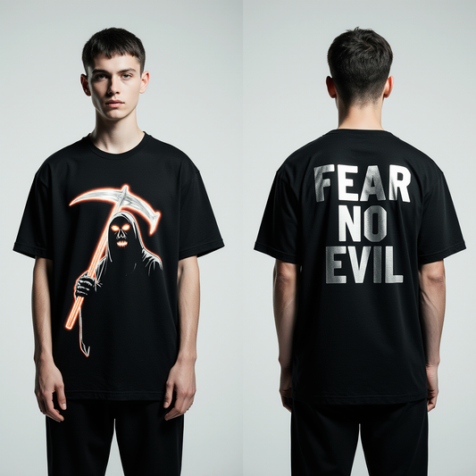 Fear No Evil Oversized T-Shirt | Grim Reaper Graphic Tee for Men & Women | Gothic Streetwear Fashion Black Tee