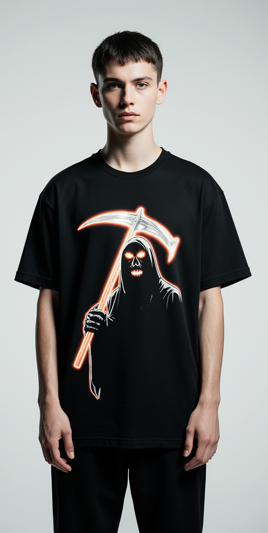 Fear No Evil Oversized T-Shirt | Grim Reaper Graphic Tee for Men & Women | Gothic Streetwear Fashion Black Tee
