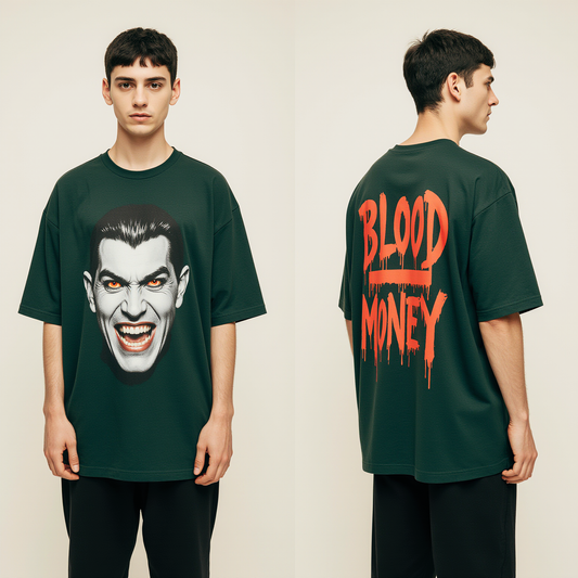 Blood Money Oversized T-Shirt | Vampire Graphic Tee for Men & Women | Gothic Streetwear Fashion Dark Green Tee