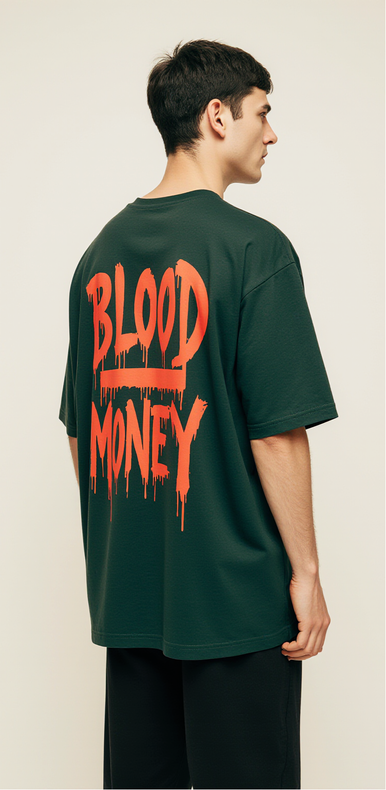 Blood Money Oversized T-Shirt | Vampire Graphic Tee for Men & Women | Gothic Streetwear Fashion Dark Green Tee