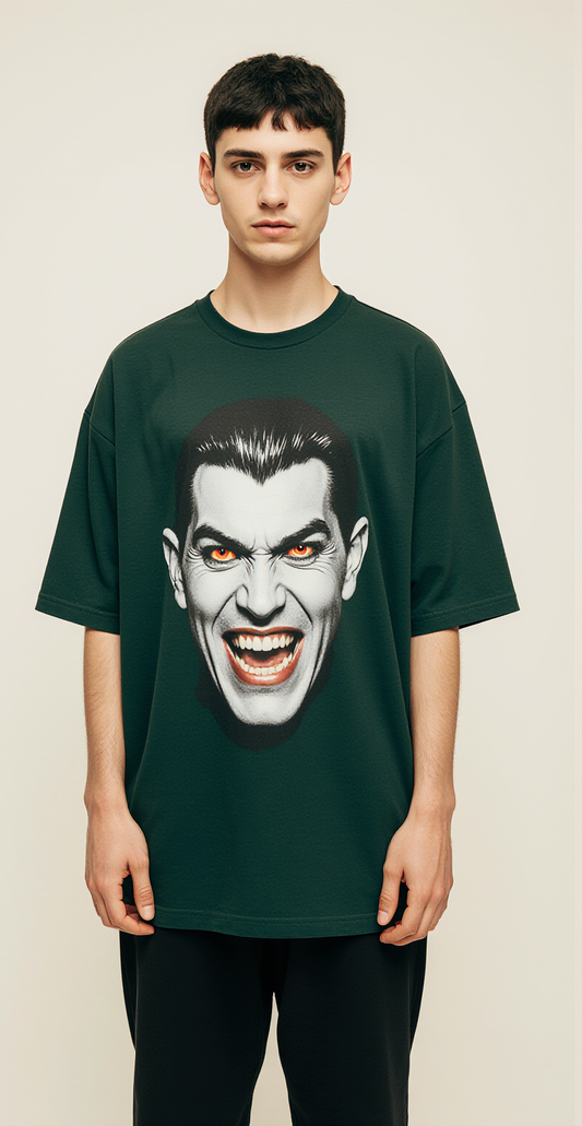 Blood Money Oversized T-Shirt | Vampire Graphic Tee for Men & Women | Gothic Streetwear Fashion Dark Green Tee