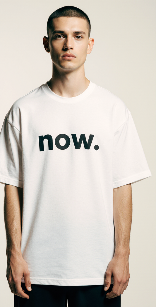 Men’s Oversized White T-Shirt – “NOW / TIMELESS” Minimalist Luxury Streetwear