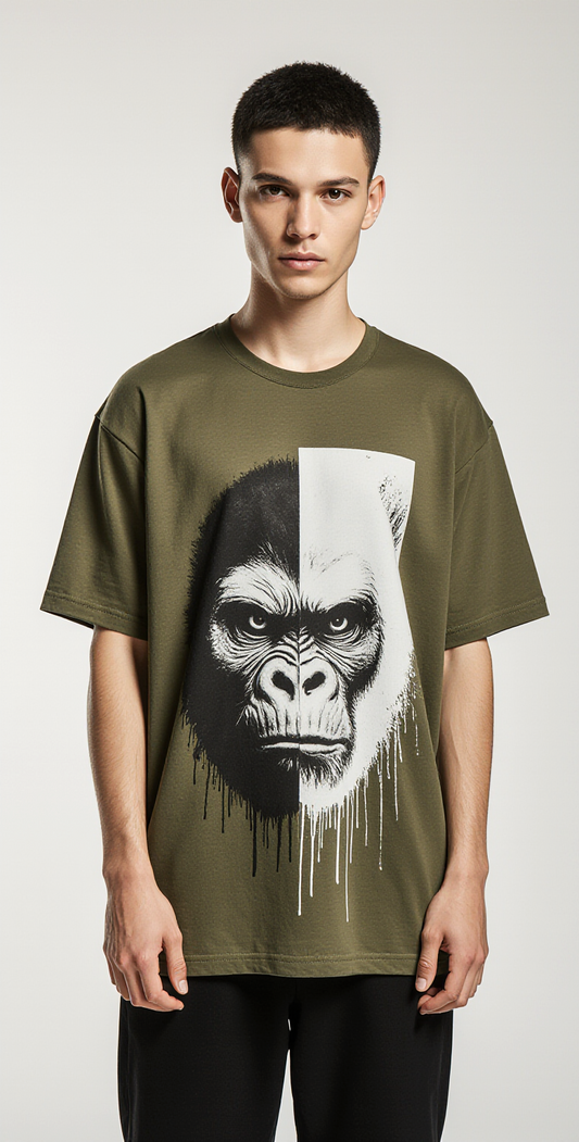 Oversized Urban Beast T-Shirt – Gorilla Face Graphic Olive Green Streetwear Tee