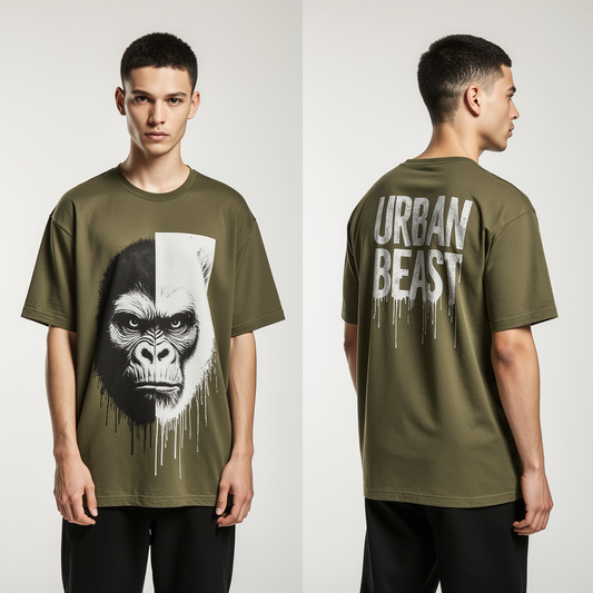 Oversized Urban Beast T-Shirt – Gorilla Face Graphic Olive Green Streetwear Tee