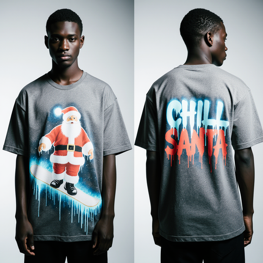 Oversized Christmas T-Shirt – Grey Streetwear Tee | Chill Santa Snowboard Graphic