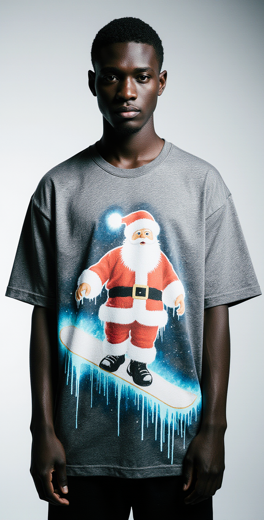 Oversized Christmas T-Shirt – Grey Streetwear Tee | Chill Santa Snowboard Graphic