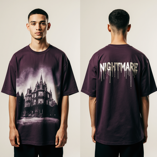 Nightmare Oversized T-Shirt | Haunted Mansion Graphic Tee for Men & Women | Gothic Horror Streetwear Purple Shirt