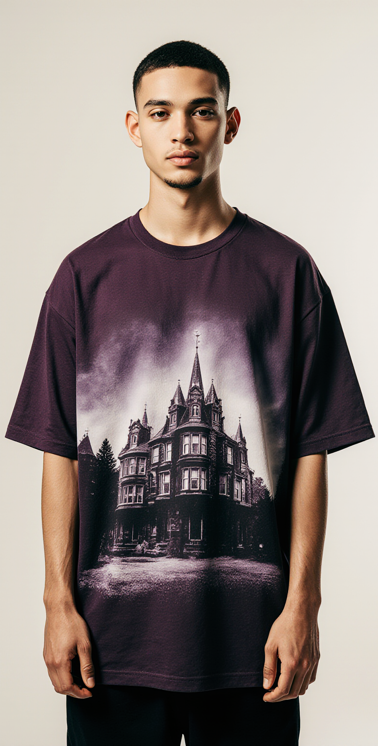 Nightmare Oversized T-Shirt | Haunted Mansion Graphic Tee for Men & Women | Gothic Horror Streetwear Purple Shirt