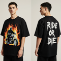 Ride or Die Oversized T-Shirt | Black Biker Streetwear Tee with Grim Reaper Motorcycle & Flames Graphic