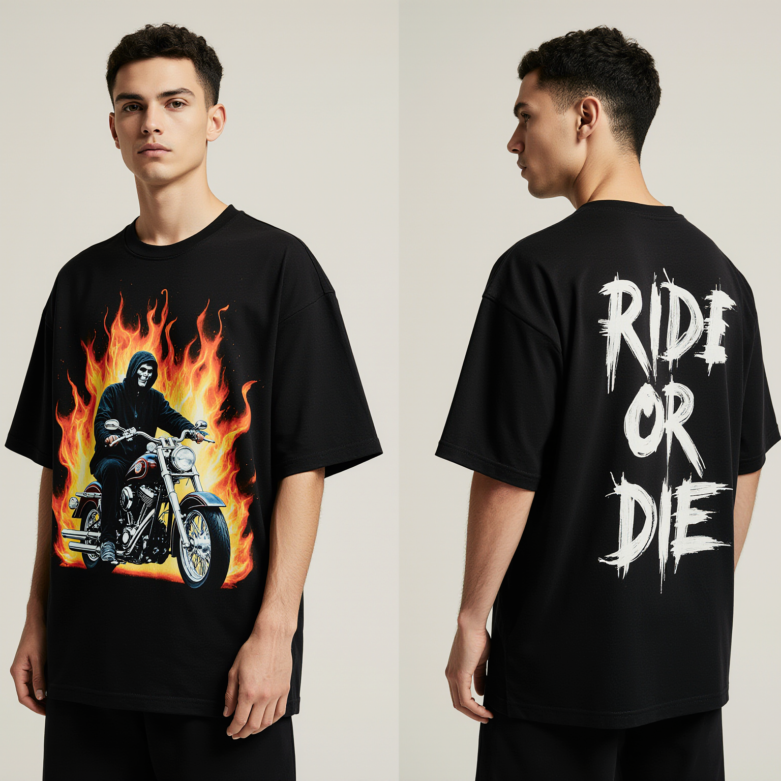 Ride or Die Oversized T-Shirt | Black Biker Streetwear Tee with Grim Reaper Motorcycle & Flames Graphic