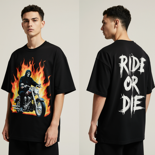 Ride or Die Oversized T-Shirt | Black Biker Streetwear Tee with Grim Reaper Motorcycle & Flames Graphic