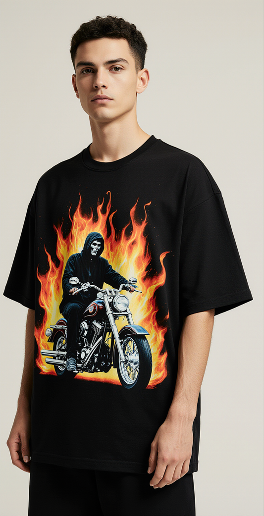 Ride or Die Oversized T-Shirt | Black Biker Streetwear Tee with Grim Reaper Motorcycle & Flames Graphic
